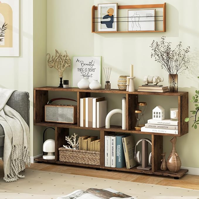 LOKO 3-Tier Geometric Bookshelf Set of 2, S-Shaped Open Bookcase, Freestanding Decorative Storage Shelving, Home Storage Organizer for Living Room, Bedroom, Home Office (2, Rustic Brown)