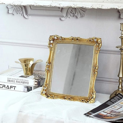 Funerom Vintage 11 x 9.5 inch Decorative Mirror, Wall Mounted & Tabletop Makeup Mirror ，Square Antique Gold