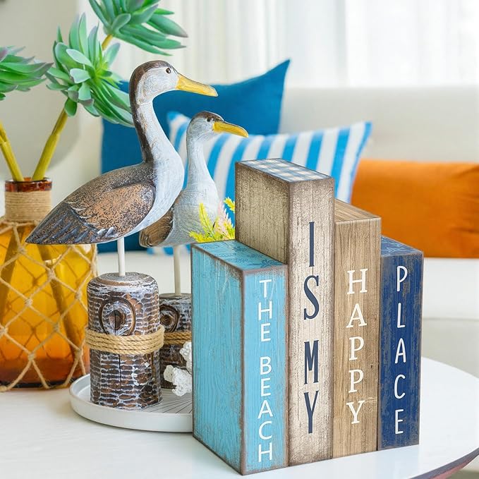 4 Pcs Summer Table Decoration Wooden Book Coastal Beach Decoration Blue and White Summer Tiered Tray Decor Wood Book Signs Farmhouse for Ocean Party Home Shelf Coffee Table