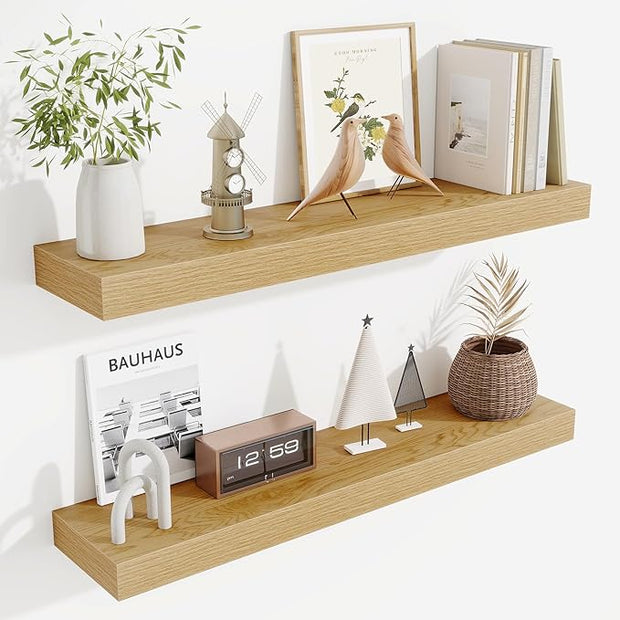 Fun Memories Floating Shelves 30 Inch, Wall Mounted Wood Shelf Set of 2, Farmhouse Decor for Bathroom, Bedroom, Kitchen, Living Room, Oak