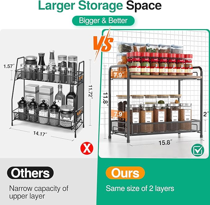 2 Pack Spice Rack Organizer for Countertop with Wood Top, 2-Tier Foldable Metal Rust-Proof Standing Large Seasoning Storage Shelf with Guardrail & Mesh Design for Kitchen Living Room, Black