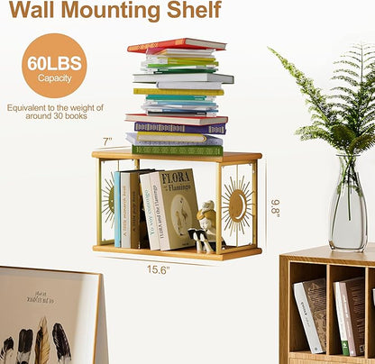Floating Nightstand Wall Mounted - Natural Solid Wood Night Stand, Bedside Table 2 Tier Shelf, Modern Metal Celestial Side Floating Shelves Decor for Living Room Bedroom