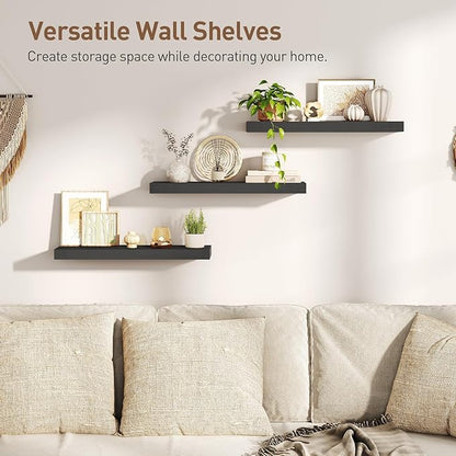 Floating Shelves for Wall, 1.5" Thick Wall Shelf Set of 3 with Invisible Brackets, 23.6L x 7.9W Hanging Book Shelves Farmhouse Home Decor for Bathroom, Living Room, Bedroom, Black 6301BJP3BK