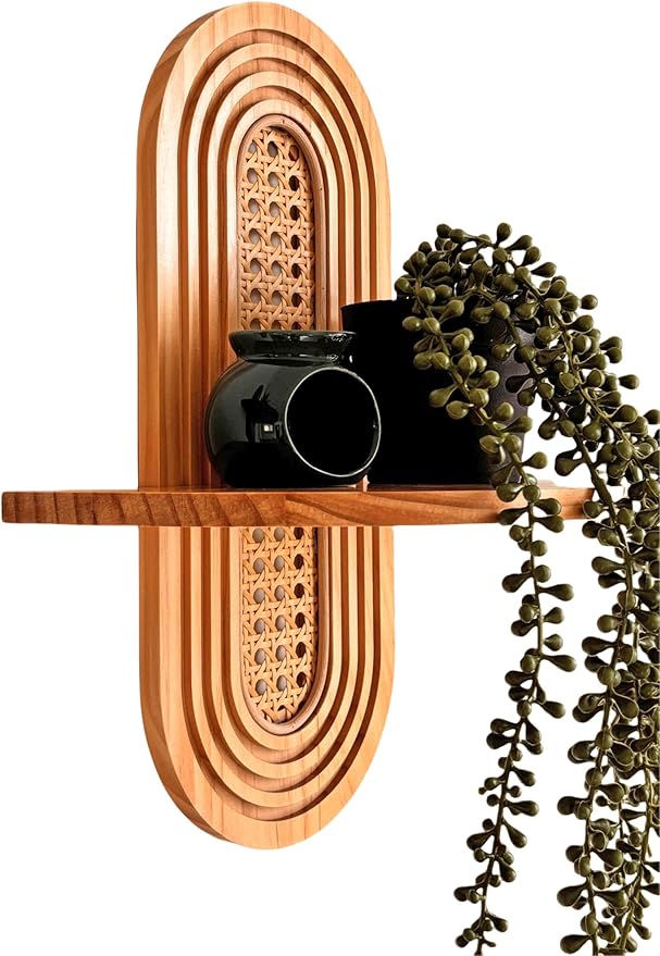 1pc Mid-Century Modern Wall Shelf - Arched Wood & Woven PE Rattan Boho Decorative Floating Shelf, Vintage Aesthetic Decor for Living Room, Bedroom, Kitchen & Home Office (Natural)