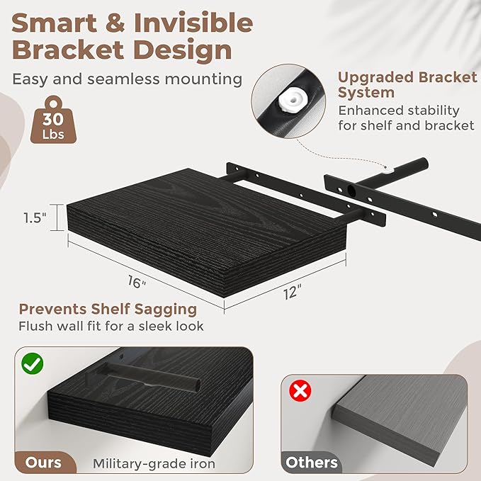 16 Inch Floating Shelves for Wall Set of 2, 12