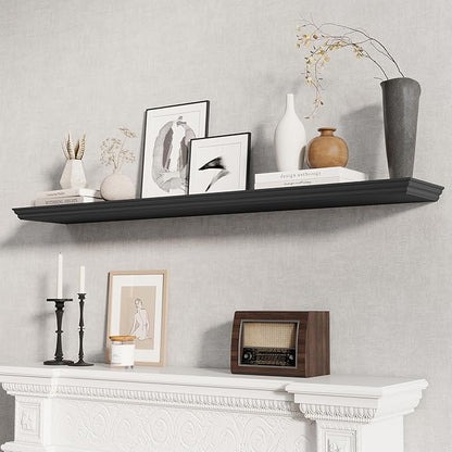Fun Memories Floating Shelves 55 Inch Long, 9.3 Inch Deep Classic Crown Molding Floating Shelves for Wall, Rustic Wooden Shelves for Wall Decor Bathroom, Kitchen, Office, (Black, 1Pack)