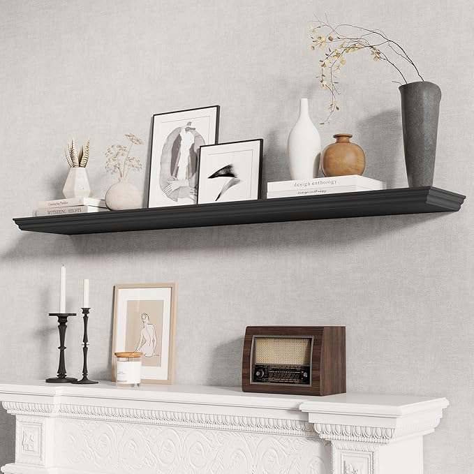 Fun Memories Floating Shelves 55 Inch Long, 9.3 Inch Deep Classic Crown Molding Floating Shelves for Wall, Rustic Wooden Shelves for Wall Decor Bathroom, Kitchen, Office, (Black, 1Pack)