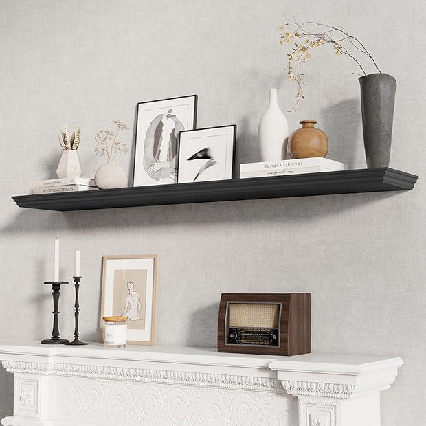 Fun Memories Floating Shelves 55 Inch Long, 9.3 Inch Deep Classic Crown Molding Floating Shelves for Wall, Rustic Wooden Shelves for Wall Decor Bathroom, Kitchen, Office, (Black, 1Pack)