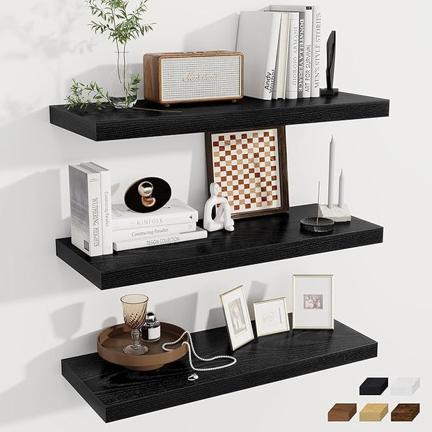 Fun Memories Deep Floating Shelves, 32W x 12D Black Wall Shelves, 32 Long Rustic Wood Wide Storage Shelves for Bedroom, Kitchen, Farmhouse, Laundry Room, Bedroom, Kitchen, Home Office- Set of 3