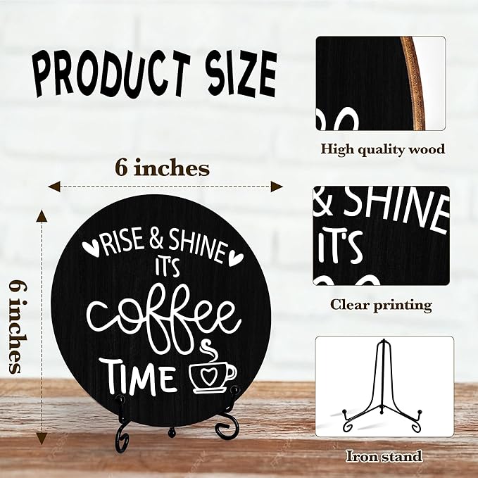 Coffee Desk Decor Sign, Farmhouse Wood Plaque, It Is Coffee Time Wood Sign, Cafe Lover Gifts, Decor For Home Kitchen Table Top, Wooden Round Decorations With Stand-13