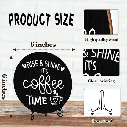 Coffee Desk Decor Sign, Farmhouse Wood Plaque, It Is Coffee Time Wood Sign, Cafe Lover Gifts, Decor For Home Kitchen Table Top, Wooden Round Decorations With Stand-13