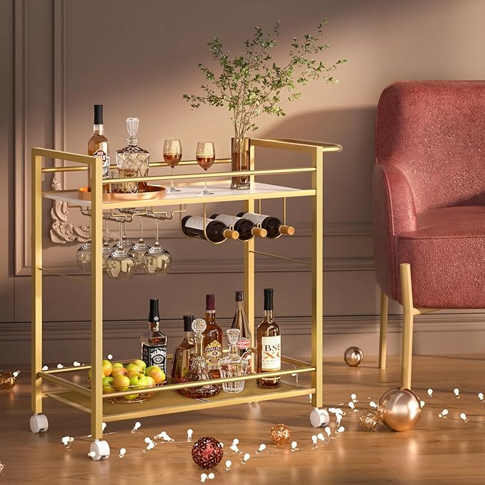 Bar Cart,Home Bar Serving Cart with Storage Shelves, 2 Tier Rolling Beverage Cart with Wheels, Modern Flowing Gold Wine Cart with Wine Rack and Glass Holder for Kitchen, Dinning Room,Living Room
