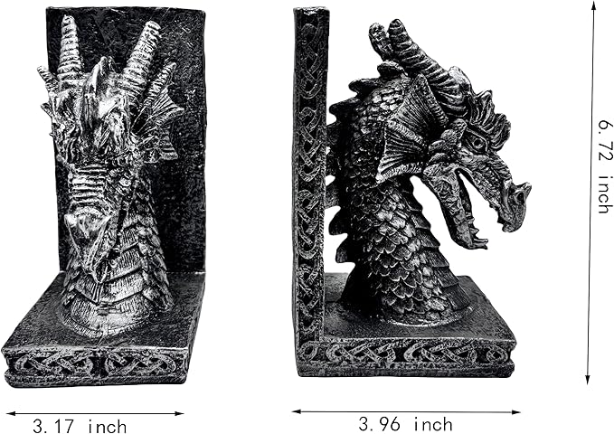 Book Ends for Shelves to Hold Books Heavy Duty,Decorative Bookend for Bookshelf Décor, Animal Dragon Book Stopper Dragon Statues for Home, Office Desk, Living Room Decoration,Vintage Silver,1pair