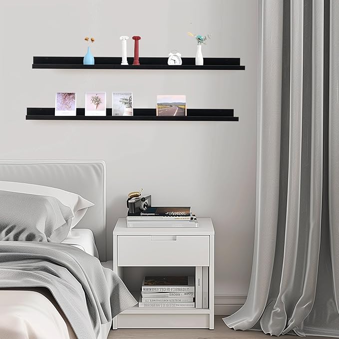 Muzilife 55" Large Floating Wall Ledge Shelves with Lip - Set of 2 Wood Floating Shelves - Black Wall Mounted Picture Ledge for Office, Bathroom, Bedroom, Living Room, Kitchen