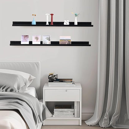 Muzilife 55" Large Floating Wall Ledge Shelves with Lip - Set of 2 Wood Floating Shelves - Black Wall Mounted Picture Ledge for Office, Bathroom, Bedroom, Living Room, Kitchen