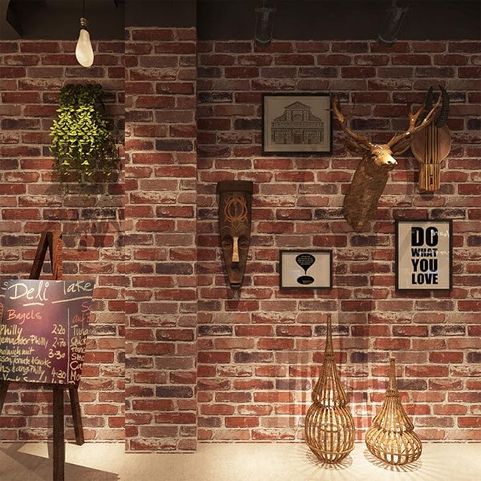 Okydoky Peel and Stick Wallpaper, Rustic Red Brick Wallpaper for Home Decoration, Kitchen Backsplash, Vinyl Self Adhesive Wall Paper for House, Workshop & Office, 17.3