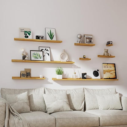 Small Floating Shelves for Wall Decor, Wall Mounted Wood Shelf for Bedroom, Living Room, Bathroom, Kitchen, Nursery, Display Picture Ledge Shelf with Lip Set of 2-8 Inches, Oak
