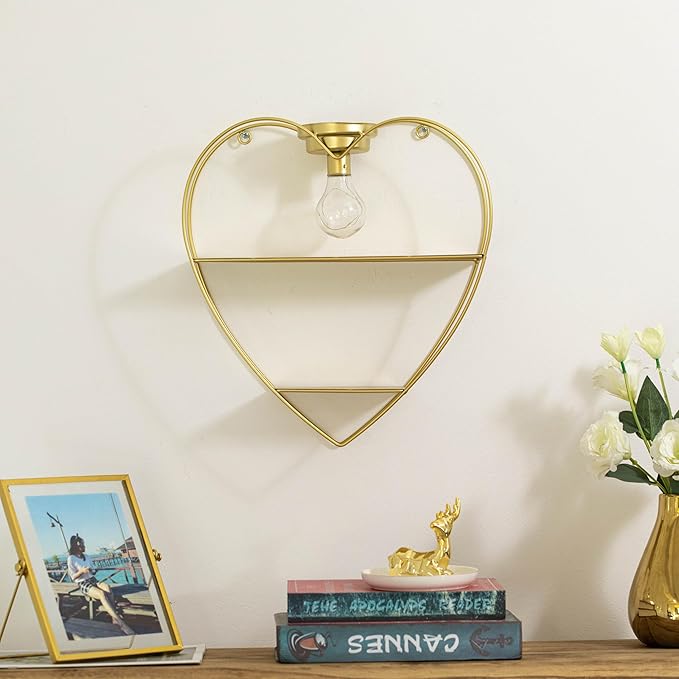 Vintiquewise Heart-Shaped 2-Tier Floating Metal Wall Shelf with Overhead Light Bulb – Decorative Wall-Mounted Shelf for Bedroom, Living Room, Hallway, Bathroom, or Entryway Decor, Gold Finish