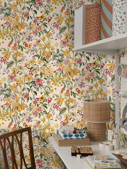 Floral Wallpaper Peel and Stick Boho Wall Paper Removable Waterproof Yellow/Green/Red Contact Paper for Bedroom, Bathroom, Home Wall 17.3" x 118"