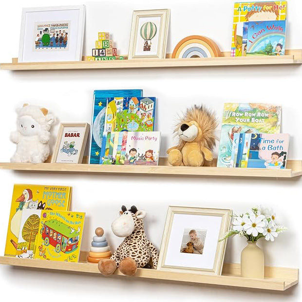 Picture Ledge Shelf for Wall, 48 inches Solid Pine Wood Nursery Book Shelves 3 Packs, Floating Ledge Shelves for Kids' Room Bedroom Bathroom Long Floating Shelves for Wall Nursey Wall Decor, Natural