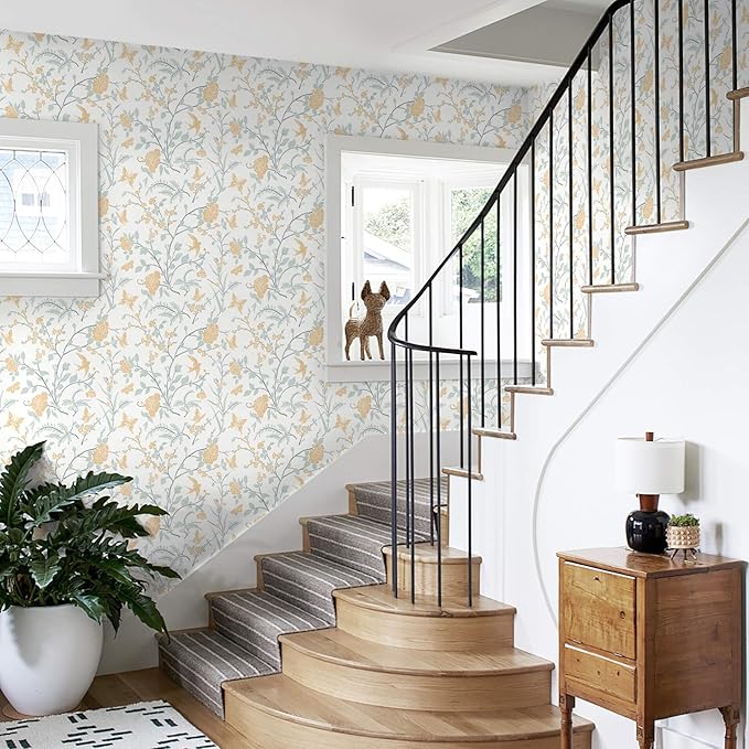 Yellow Wallpaper Floral Peel and Stick Wallpaper Boho Light Blue and Yellow Wall Paper Bird Botanical Contact Paper for Cabinets Renter Friendly Self-Adhesive Bathroom Bedroom 393"×17.3"