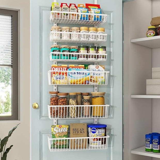 Over The Door Pantry Organizer, Pantry Organization and Storage, 6-Tier Deep Baskets Hanging Heavy-Duty Metal, Wall Spice Rack Seasoning Shelves for Home & Kitchen, Laundry Room Bathroom, White