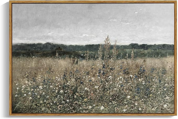 OIQArtOIQ Vintage Framed Wall Art Wildflower Field Meadow Canvas Art Prints Rustic Farmhouse Landscape Pictures Wall Decor Modern Cottagecore Paintings Artwork For Bedroom Bathroom Office Living Room