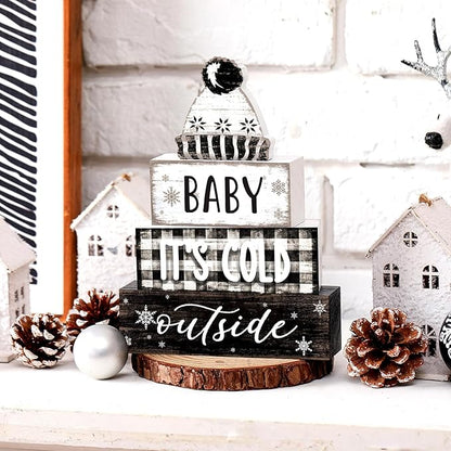 Marsui 4 Pcs Winter Wooden Tabletop Decor Wooden Hat Block Sign Rustic Tiered Tray Decor Baby Its Cold Outside Table Centerpiece Cozy Neutral Winter Decoration for Home Office Desk Shelf
