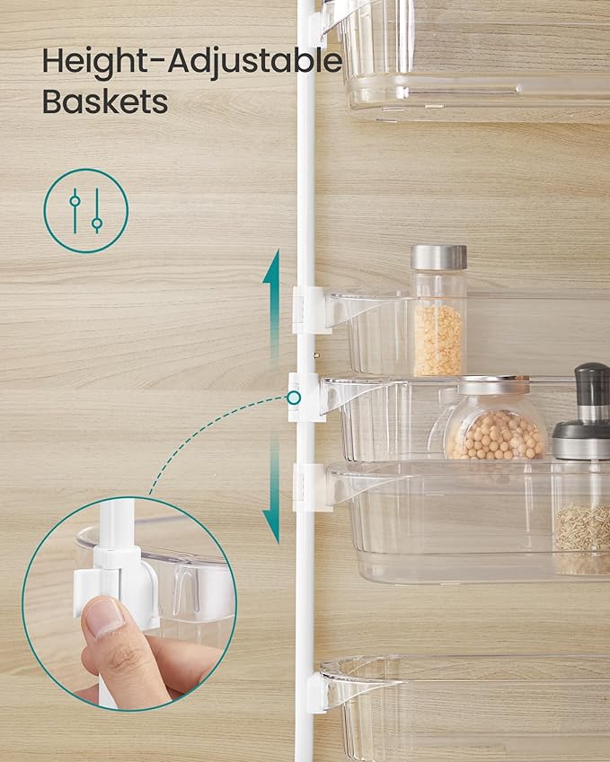 SONGMICS Over the Door Pantry Organizer, 6-Tier Kitchen Pantry Door Organizer with Adjustable Tall Baskets, Hanging Spice Rack, for Bedroom Bathroom Laundry Room, Transparent UKCS046WG01