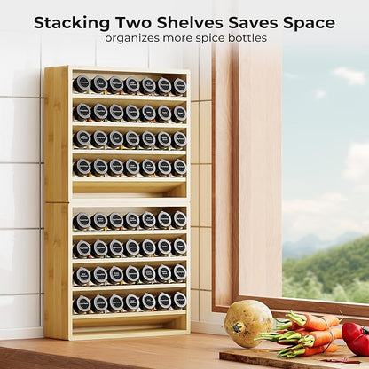 Orimade 4 Tier Spice Rack Organizer for Cabinet with 28 Plastic Spice Jars, Freestanding Bamboo Seasoning Rack for Countertop, Cupboard, Pantry, Kitchen, 13.18 x 4.13 x 12.2 inches
