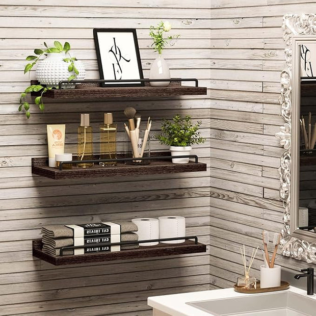 Floating Shelves, Bathroom Decor Shelves Over Toilet, Farmhouse Wall Shelves for Living Room, Bedroom, Picture Frames, Plants, Kitchen, Set of 3 (Walnut Brown)