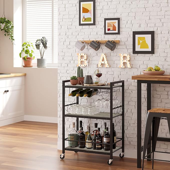 TUTOTAK Bar Cart - Serving Cart for Home - Microwave Cart, Drink Cart, Mobile Kitchen Shelf with Wine Rack and Glass Holder, Rolling Beverage Cart BC01BG030