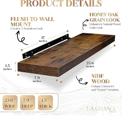 LA GRANGE RANGE® 23.6" Floating Shelves For Wall, 2x Pack, Wall Shelves for Storage & Décor, Perfect for Bathroom, Bedroom, Kitchen, Living Room, Natural Wood Finish with Hidden Bracket (Toasty Brown)