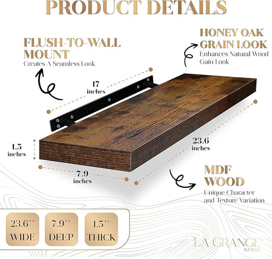 LA GRANGE RANGE® 23.6" Floating Shelves For Wall, 2x Pack, Wall Shelves for Storage & Décor, Perfect for Bathroom, Bedroom, Kitchen, Living Room, Natural Wood Finish with Hidden Bracket (Toasty Brown)