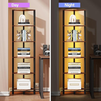 TUTOTAK Corner Shelf with LED Light, 6-Tier Corner Bookshelf for Small Space, Narrow Display Corner Shelf Stand with Storage Rack, for Living Room, Bedroom, Rustic Brown BS08BB006L