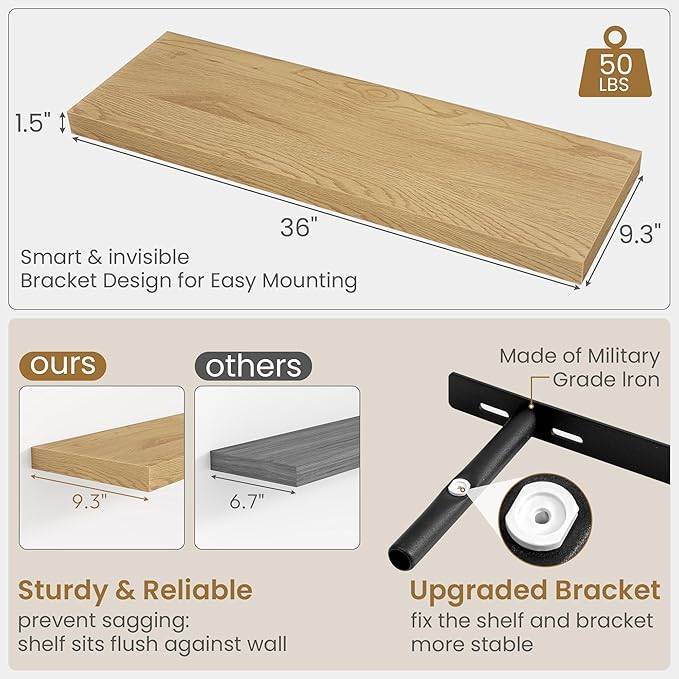 36 Inch Long Floating Shelves for Wall, 9.3 Inch Deep Floating Shelf with Heavy-Duty Bracket, 2 Pack Long Shelves for Bathroom, Living Room, Bedroom, Wall Mounted Storage Shelf for Books Decor, Oak
