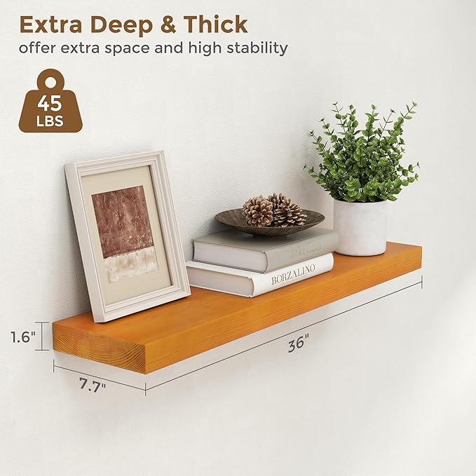 Marsmiles 36 Inch Wood Floating Shelves | Rustic Honey Oak Wall Shelves Set of 2 | 36