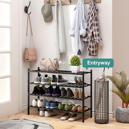 Black 4-Tier Long Shoe Rack, Bamboo Wood, 33-Inch