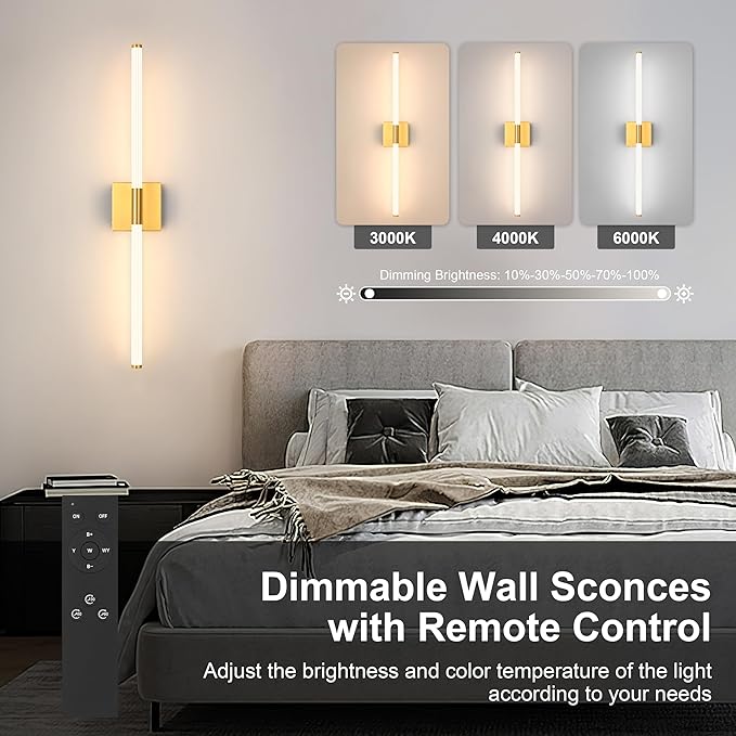 Gold Battery Operated Wall Sconces Set of 2, Rechargeable Battery Wall Sconce with Remote, Dimmable 3 Color LED Wireless Wall Lights, 360° Full Lighting, Timer & Memory Function 24 Inch