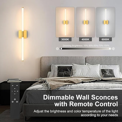 Gold Battery Operated Wall Sconces Set of 2, Rechargeable Battery Wall Sconce with Remote, Dimmable 3 Color LED Wireless Wall Lights, 360° Full Lighting, Timer & Memory Function 24 Inch