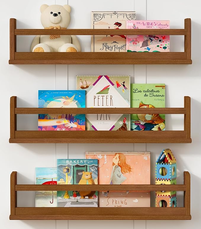 Floating Nursery Book Shelves Wall Mounted, Wooden Wall Bookshelf for Kids Room, Dark Wood Hanging Book Shelf for Baby Toddler Childrens Bedroom (24 Inch, Walnut Brown, Set of 3)