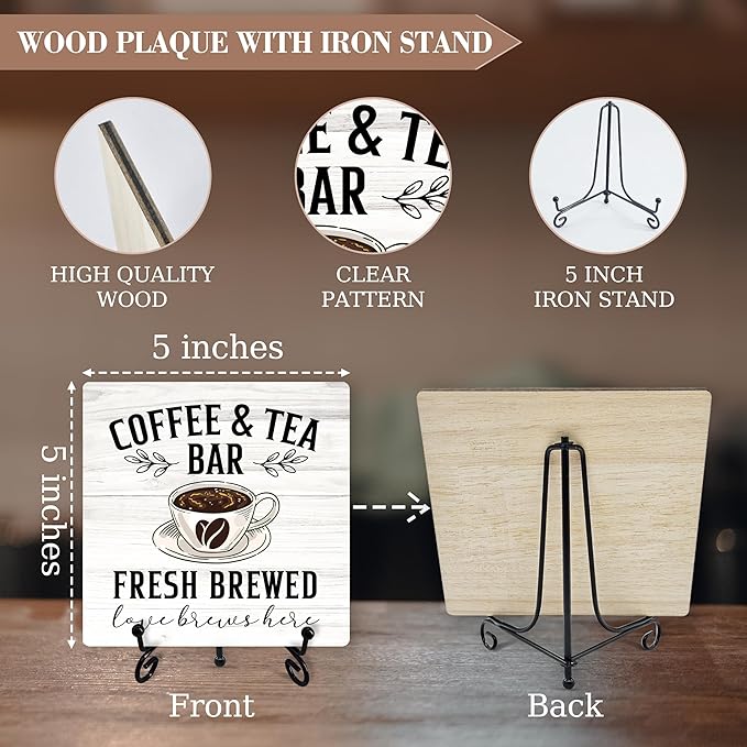 Coffee Sign Desk Decor, Coffee And Tea Bar Sign With Iron Stand, Wood Plaque For Farmhouse Home Kitchen Cafe -51