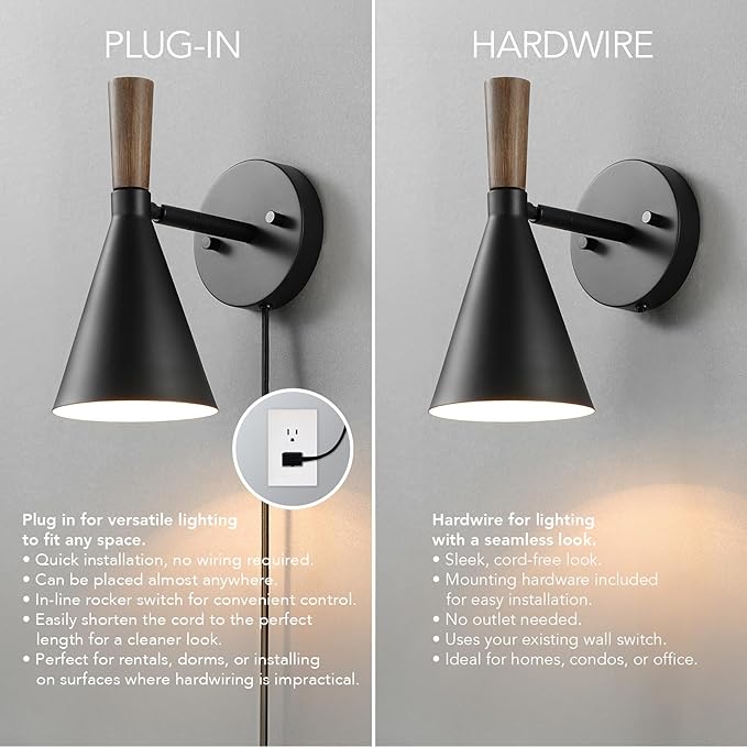 Globe Electric Plug-in or Hardwire Wall Sconce, Matte Black, Wood-Tone Switch, Metal Shade, 6-Foot Cord, 65000101