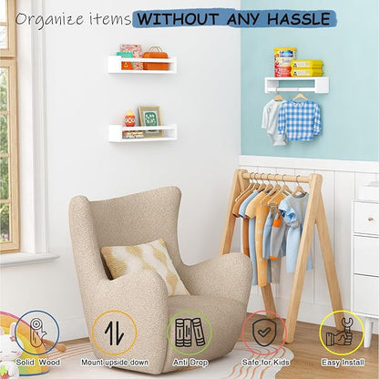 White Nursery Floating Book Shelves for Wall Set of 3, Kids Wall Shelves for Baby Room Bedroom, Modern Hanging Bookshelf for Baby Toddler Children Girls Boys Decor and Toys Books Storage