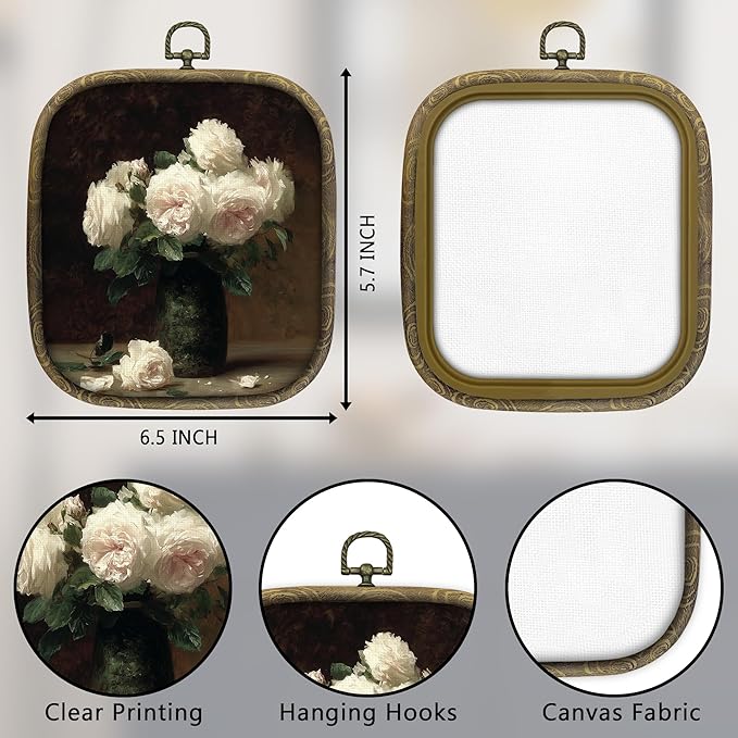 KSDUT Flower Wall Art Decor - Botanical Neutral Mid Century Modern Wall Art Canvas Frame Hanging Prints, Vintage White Floral Square Wall Art Decor for Home Decorations 6.5"x5.7"