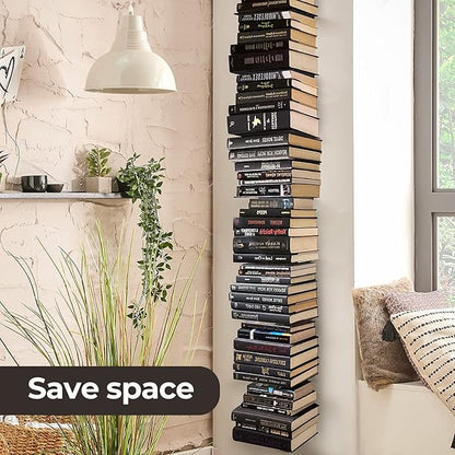 Floating Book Shelves for Wall, 4 Tier Invisible Floating Bookshelf, Vertical Spine Book Tower, Wall Mounted & Space Saving, Heavy Duty Metal Book Organizer for Home Office, 2 Pack White
