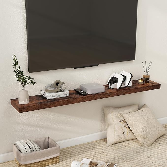 Fun Memories 55 Inch Floating Shelves for Wall, Fireplace Mantel Shelf with Invisible Heavy Duty Bracket, 8 Inch Deep Storage Shelf for Living Room, Kitchen, Farmhouse, Brown (2-Pack)