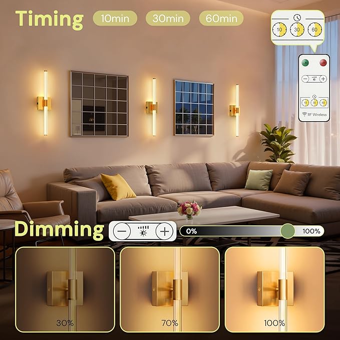 L LOHAS LED Battery Operated Wall Sconces Set of 2, 10000mAh Gold Battery Wall Sconce 360 Full Lighting, 3000K Dimmable Wireless Wall Light, Sconce Wall Decor for Bathroom, Bedroom, Living Room, 24in