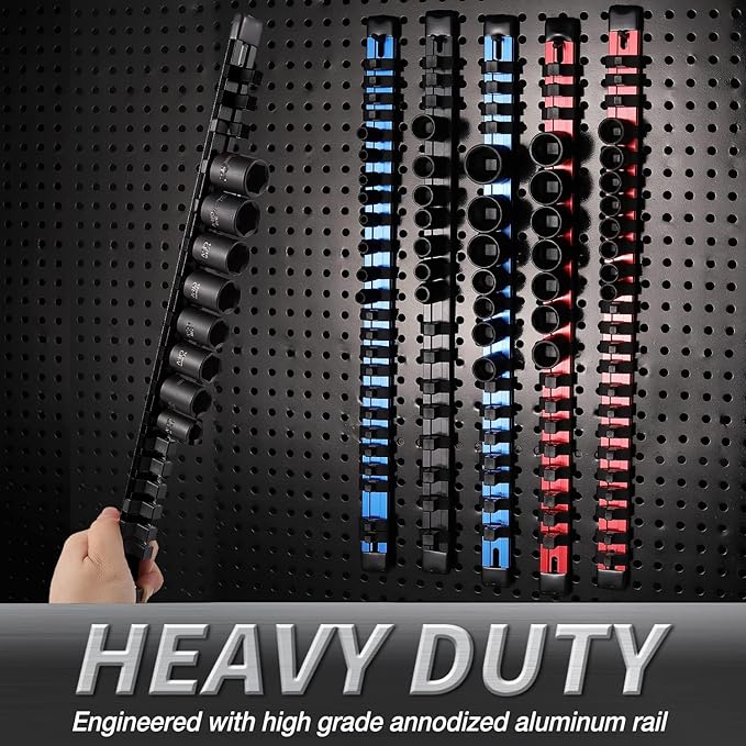 ALOANES 3/8-Inch Drive Aluminum Alloy Socket Organizer, Heavy Duty Socket Racks, Socket Holder Kit for Toolbox Drawer 3/8-Inch x 18 Clips (Black)