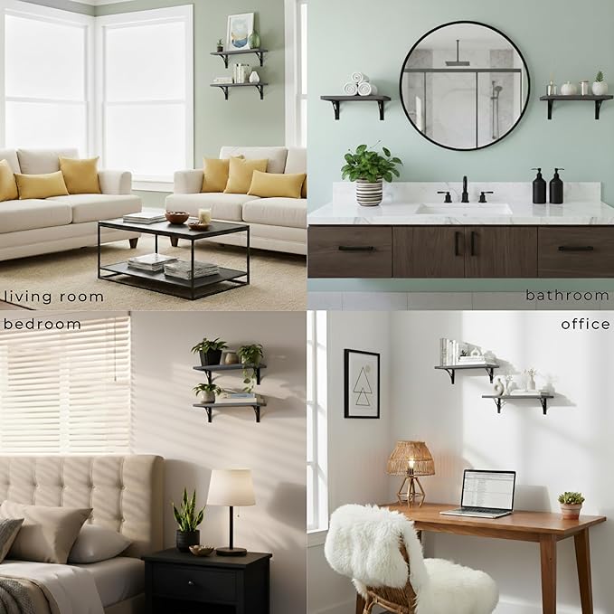 Reinforced Steel Bracket Grey Wall Shelves - Easy to Install, Template and Video Included - Grey Shelf for Wall, Gray Shelf for Bathroom